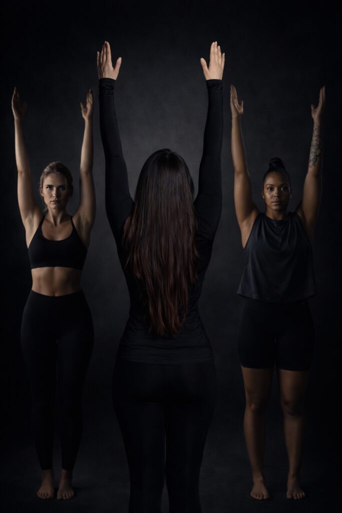 Three women in black athletic clothing stand against a dark background with their arms raised straight overhead; the central figure is seen from behind while the two others face forward, creating a symmetrical, studio-lit fitness or movement pose.