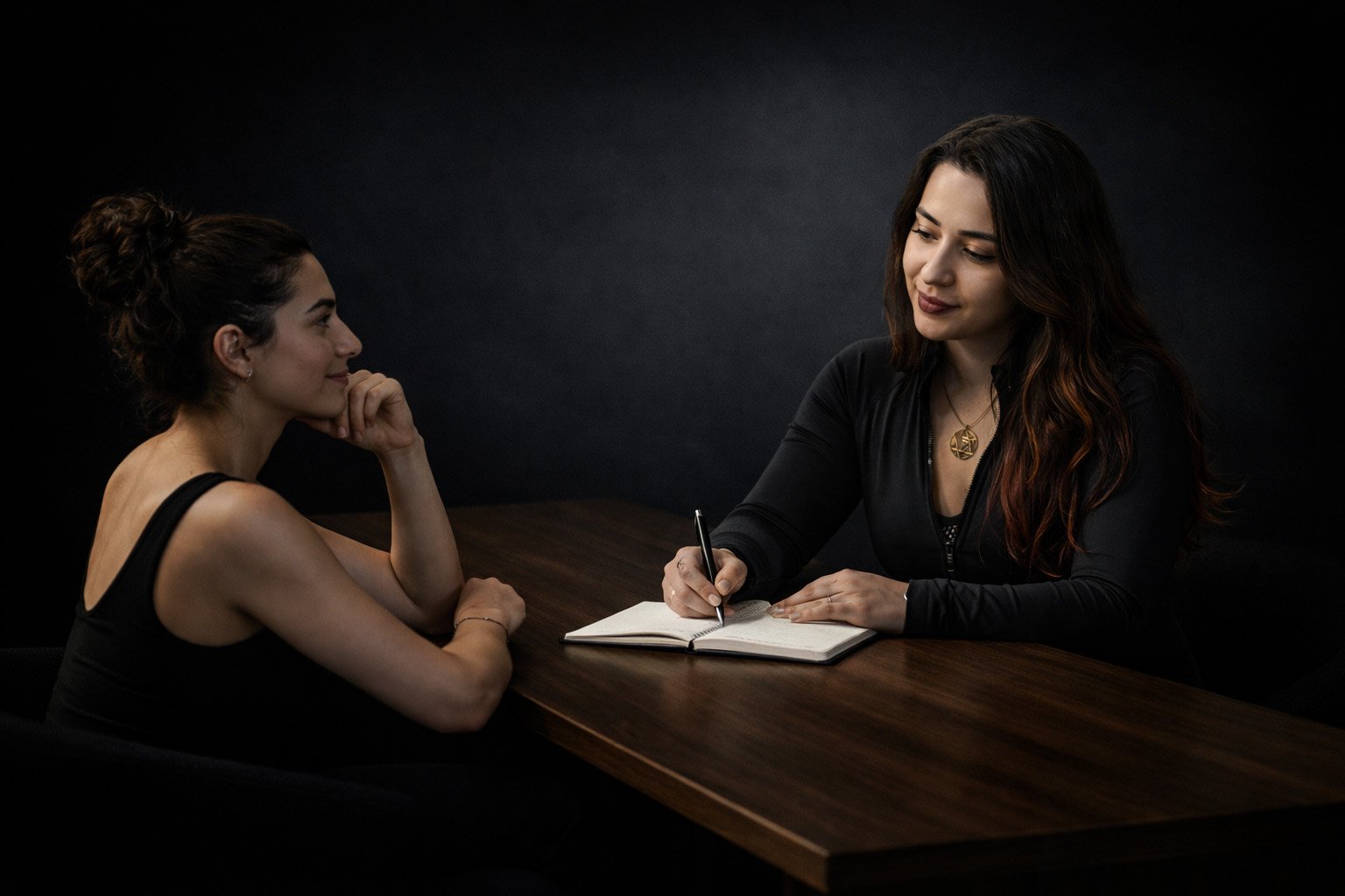 A trainer and a client sit across from each other at a wooden table in a softly lit, dark studio, with the trainer writing notes in a notebook while the client listens attentively, suggesting a one-on-one consultation or planning session.